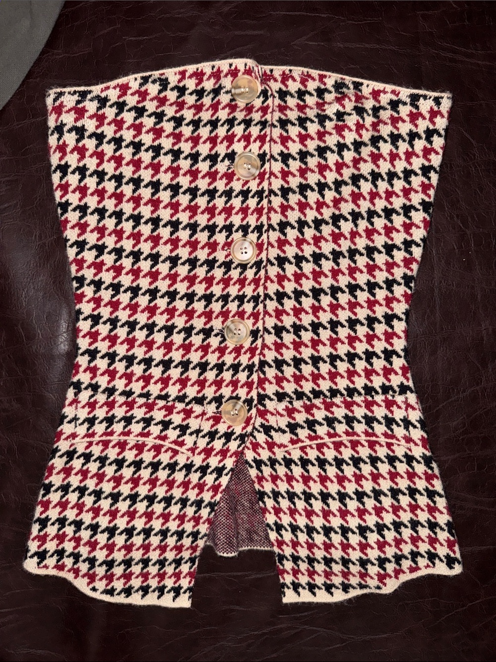Button-Front Houndstooth Knit Tube Top - Red, Black & Cream 23.T